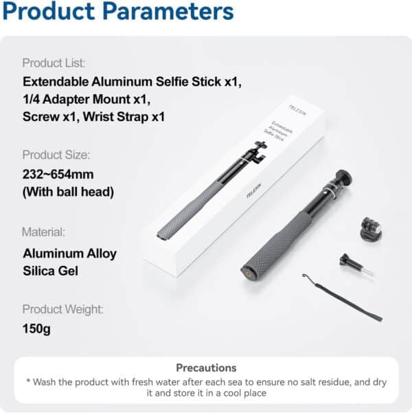 Telesin Selfie Stick 65cm Waterdicht met balhoofd