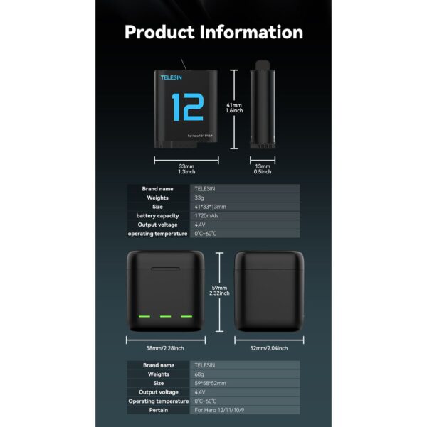 Telesin Opblaadbox met 2x Double Arc Accu - GoPro 12/11/10/9